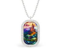 Stained Glass Medieval Castle Rectangle Pendant Necklace Silver Women Jewelry Alloy Keychain Tag Jewelry