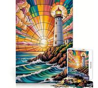 Stained Glass Meditation Serenity by A Glowing Lighthouse at Sunset Jigsaw Puzzle for Adults 1000 Pieces Smart Reason Toy Group Joy Smooth Edge Fine Art Piece 50x75cm