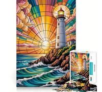 Stained Glass Meditation Serenity by A Glowing Lighthouse at Sunset Jigsaw Puzzle for Adults 1000 Pieces Smart Reason Toy Group Joy Smooth Edge Fine Art Piece 50x75cm