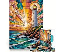 Stained Glass Meditation Serenity by A Glowing Lighthouse at Sunset Jigsaw Puzzles 1000 Pieces for Adults Boost Recall Relax Mind Accurate Edge Santa Wish List 38x26cm