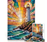 Stained Glass Meditation Serenity by A Glowing Lighthouse at Sunset Jigsaw Puzzles 1000 Pieces for Adults Boost Recall Relax Mind Accurate Edge Santa Wish List 38x26cm