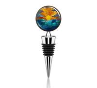 Stained Glass Mosaic Style Sun Blue Ocean Waves Wine Bottle Stopper, Reusable Beverage Bottle Stopper, Zinc Alloy Red Wine Beer Saver Sealer Stopper for Party Wedding Bar