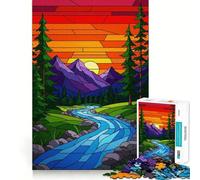 Stained Glass Mountain River Landscape 1000 Pieces Jigsaws Adults Puzzles Logic Boost Toy Bonding Time Premium Edge Premium Gift 50x75cm