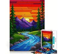 Stained Glass Mountain River Landscape Hard Jigsaw Puzzle for Adults 1000 Pieces Recall Upgrade Gentle Relax Clear Cut Unique Gift 38x26cm