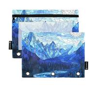 Stained Glass Mountain River Zipper Pencil pouching with Clear Window Zippered Pencil Bag Big Capacity 3 Ringing Binder Pocket for Office School Supplies Cosmetics Multicolored 2 PCS