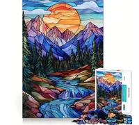 Stained Glass Mountain Sunset Jigsaw Puzzles 1000 Piece for Teenagers Memory Build Indoor Play Fine Cut Santa Wish Pick 50x75cm
