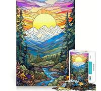 Stained Glass Mountain Sunset Jigsaw Puzzles 1000 Pieces for Adults Boost Recall Relax Mind Accurate Edge Santa Wish List 38x26cm