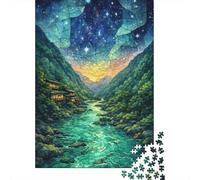 Stained Glass Mountain Valley at Night Travel Puzzle 1000 Pieces, Charming Village Architecture, 1000 Pieces for Adults, for Home Décor Fans, Paper Board, 52x38cm/1000pcs