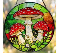 Stained Glass Mushroom Suncatcher, Woodland Fairy Garden Window Hanging, Red Toadstool Decor, Nature Inspired Home Decoration, Cottagecore Woodland Botanical Decor for Bedroom Kitchen GlassGift
