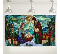 Stained Glass Nativity Scene Backdrop, Colorful Religious Christmas Decorations, Indoor/Outdoor Photo Background for Holiday Events 71x43 Inch