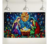 Stained Glass Nativity Scene Backdrop, Colorful Religious Holiday Decorations, Christmas Indoor/Outdoor Photography Background for Parties and Events 71x43 Inch