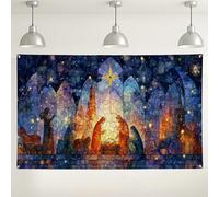 Stained Glass Nativity Scene Backdrop, Colorful Religious Party Decorations, Winter Indoor/Outdoor Photography Background for Christmas Celebrations 71x43 Inch