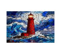 Stained Glass Nautical Lighthouse Jigsaw Puzzles for Adults 1000 Piece, Ocean Wave Scenic Wooden Printed Puzzles, Cool Beachy Pattern Decorations for Entertainment Party