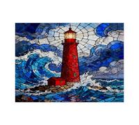 Stained Glass Nautical Lighthouse Jigsaw Puzzles for Adults 500 Piece, Ocean Wave Scenic Wooden Printed Puzzles, Cool Beachy Pattern Decorations for Entertainment Party