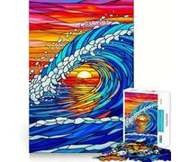 Stained Glass Ocean Wave Sunset Jigsaw 1000 Pieces for Teenagers Mind Exercise Toy Relaxing Fun Design Assembly Perfect Present 38x52cm