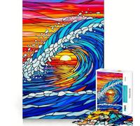 Stained Glass Ocean Wave Sunset Jigsaw Puzzles for Adults 1000 Pieces Mental Logic Toy Gentle Relax Firm Cut Santa Wish List 50x75cm