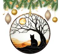 Stained Glass of A Black Cat Under Tree Christmas Tree Hanging Ornaments,2 Pieces, 7.2CM Round Double-Sided