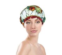 Stained Glass Of A Cute Green Tree Frog Prints Shower Cap Double Layer Lined Waterproof Bathing Shower Hat L