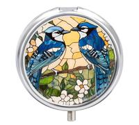 Stained Glass of Blue Jays Birds Round Pill Box Organiser 3 Compartment Medicine Case
