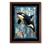 Stained Glass Orca Geometric Framed Wall Art Print A2 (59.4×42cm) Walnut, Wall Decor for Living Room, Bedroom, Office & Home, Ready to Hang, Art Gift