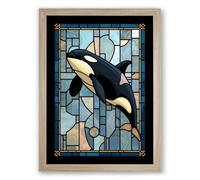 Stained Glass Orca Geometric Framed Wall Art Print A3 (42×29.7cm) Oak, Wall Decor for Living Room, Bedroom, Office & Home, Ready to Hang, Art Gift