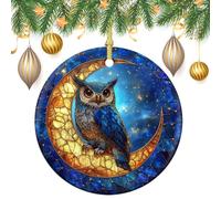 Stained Glass Owl on Crescent Moon Christmas Tree Hanging Ornaments,2 Pieces, 7.2CM Round Double-Sided