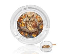 Stained Glass Owl Reading Autumn Leaves Glass Ashtray for Cigarettes Portable Decorative Ash Trays for Home Office Decor