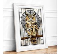 Stained Glass Owl Vintage Framed Wall Art Print A4 (29.7×21cm) White, Wall Decor for Living Room, Bedroom, Office & Home, Ready to Hang, Art Gift