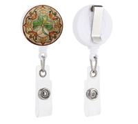 Stained Glass Panel Four Leaf Clover Motif Retractable Badge Holder Reel Clip ID Card Holder for Doctor Nurse Student Office Worker