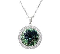 Stained Glass Panther through Jungle Round Pendant Necklace Silver Jewelry for Women
