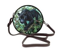 Stained Glass Panther Through Jungle Women Round Crossbody Bags Leather Sling Bag Purse