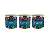 Stained Glass Patterned Tea Coffee & Sugar Canister Set - Colourful 1.2L Large Enamel Metal Kitchen Storage Containers Gift