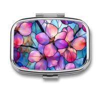 Stained Glass Peach Flowers Pink Purple Petals Pill Box 2 Compartment Portable Medicine Pill Case Travel Pill Organizer for Pocket Purse