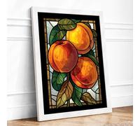 Stained Glass Peaches Vintage Framed Wall Art Print A3 (42×29.7cm) White, Wall Decor for Living Room, Bedroom, Office & Home, Ready to Hang, Art Gift