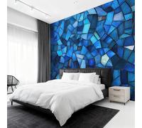 Stained Glass Photo Wallpaper, Blue Mosaic Geometric Wallpaper Mural, 400x280cm Wall Paper for Bedroom Living Room, Non-Woven Wall Mural Room Decor EL&D72