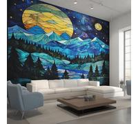 Stained Glass Photo Wallpaper, Forest Mountain Wallpaper Mural, 500x350cm Wall Paper for Bedroom Living Room, Non-Woven Wall Mural Room Decor EL&D71
