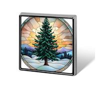 Stained Glass Pine Tree Snowy Winter Sunset Unisex Brooches & Pins Square Lightweight Lapel Badge Jewelry for Clothing Shawl Hat