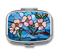 Stained Glass Pink Flowers on The Branch Pill Box 2 Compartment Portable Medicine Pill Case Travel Pill Organizer for Pocket Purse