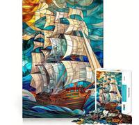 Stained Glass Pirate Ship 1000 Piece Jigsaw Puzzle for Adults Brain Challenge Toy Group Play Clear Cut Lovely Present 38x26cm