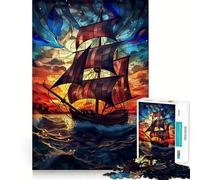 Stained Glass Pirate Ship 1000 Pieces Jigsaw Puzzles for Teenagers Brain Skill Leisure Time Exact Edge Thoughtful Gift 38x52cm