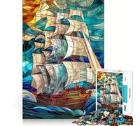 Stained Glass Pirate Ship 1000 Pieces Jigsaw Puzzles for Teenagers Brain Skill Leisure Time Exact Edge Thoughtful Gift 50x75cm