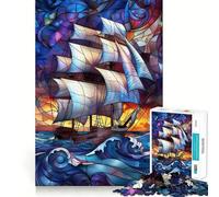 Stained Glass Pirate Ship Adults Puzzles 1000 Piece Jigsaws Brain Teaser Home Pastime Image Assembly Memorable Gift 38x52cm