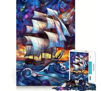 Stained Glass Pirate Ship Adults Puzzles 1000 Piece Jigsaws Mind Exercise Toy Relaxed Mind Design Assembly Santa Wish Gift 38x26cm