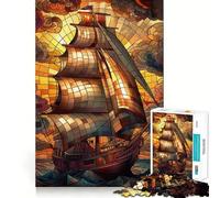 Stained Glass Pirate Ship Jigsaw Puzzles for Teenagers 1000 Piece Strong Logic Toy Stress Release Clear Edge Classic Gift 38x26cm