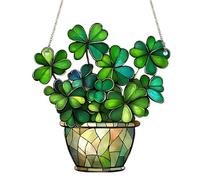 Stained Glass Plant 6.3x7.9'' Four Leaf Greenery Decor Stained Glass Sun Catcher Hanging Acrylic Four Leaf Plants Decor for Good Luck and Spiritual Blessings, Garden