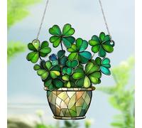 Stained Glass Plant 6.3x7.9'' Four Leaf Greenery Decor Stained Glass Sun Catcher Hanging Acrylic Four Leaf Plants Decor for Good Luck and Spiritual Blessings, Greenery, Plant