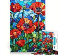 Stained Glass Poppies Flowers 1000 Piece Jigsaw Puzzles for Adults Jigsaw Strong Logic Toy Group Play Clear Edge Perfect Present 38x52cm