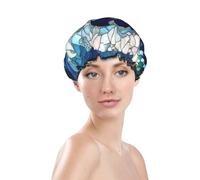 Stained Glass Powerful Ocean Waves Prints Shower Cap Double Layer Lined Waterproof Bathing Shower Hat One Size