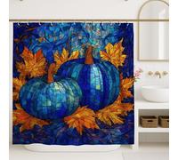 Stained Glass Pumpkin Shower Curtain, Blue with Orange Autumn Bathroom Decor, Fall Harvest Modern Artistic Waterproof Fabric Shower Curtain with Hooks 72x84 Inch