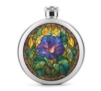 Stained Glass Purple Flower with Leaves Stainless Steel Hip Flask for Liquor, Round Pocket Portable Wine Flask for Drink 5 Oz